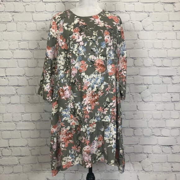 J Jill Love Linen Floral Dress Petite Size PM 100% Linen Green Pockets - Picture 1 of 10